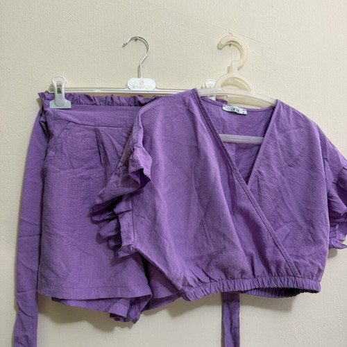Anel lilac set with wrap crop top and shorts, small, like new