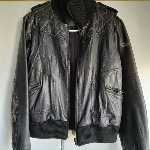 Bomber leather jacket Replay used, black, slim fit