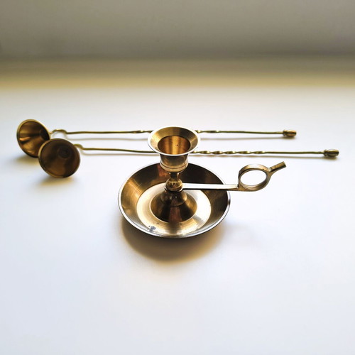 Brass candlestick set and 2 candle snuffers like new