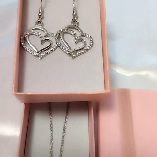 Heart necklace and earrings set with sparkling zircon, silver color, new