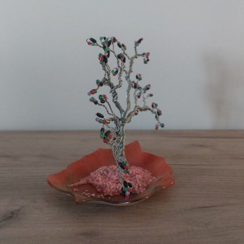 Decorative tree with wire and beads on orange leaf base new