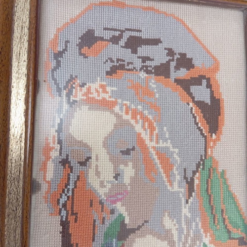 Vintage embroidered handmade textile painting from the 60s used