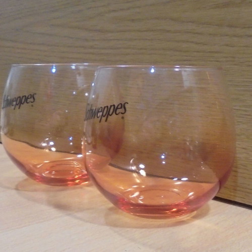 Schweppes soda promotional set of two colored glasses new
