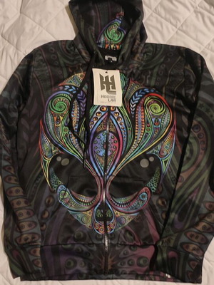 Hoodie with original multicolor alien design, new size small unisex