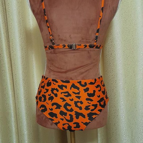 High-waisted bikini with animal print, orange, size S