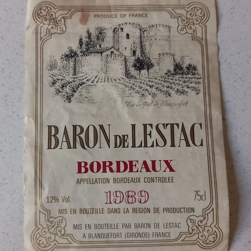 Baron De Lestac Bordeaux 1989 labels used, set of 19 pcs