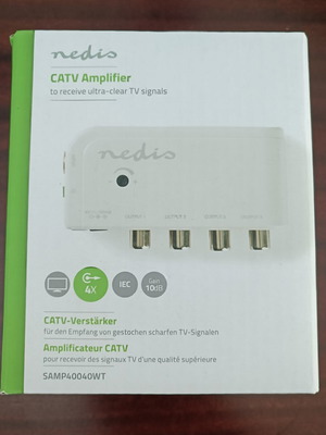 Nedis CATV Amplifier 1to4 Signal Splitter 10db Gain with Power Cable New