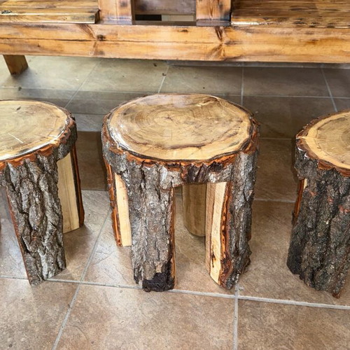 Handmade wooden stools new from tree trunk