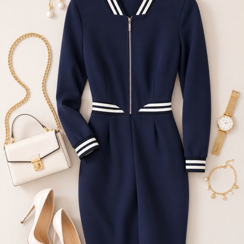 Elegant dark blue dress with stripes, women's size M