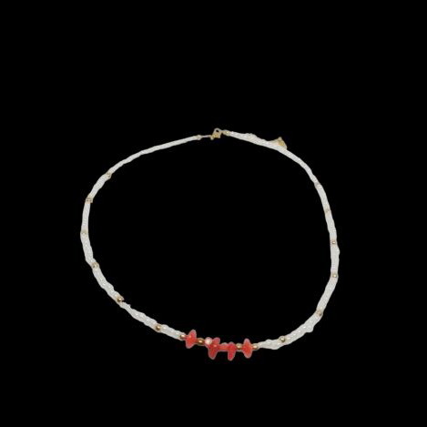 Necklace new with white beads, steel beads and red coral
