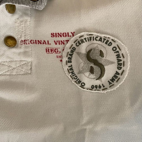 Singly Armywear vintage polo shirt S used, off white with khaki trim