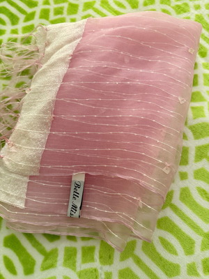 Silk transparent pink scarf like new 1.70x60 with beads and fringes