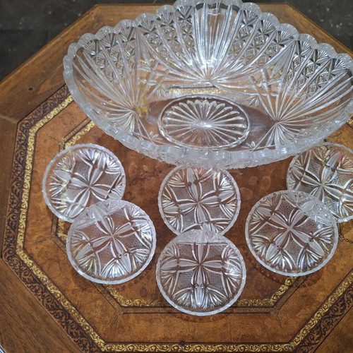 Crystal set with fondue bowl and 6 plates for spoon sweets like new, Russian origin