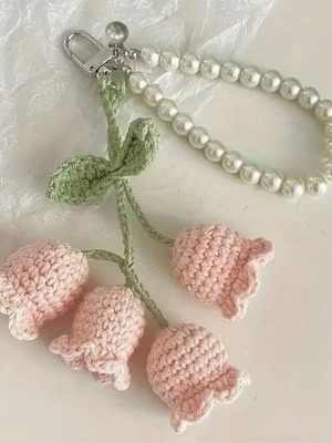 Handmade pink rose keychain with pearl chain