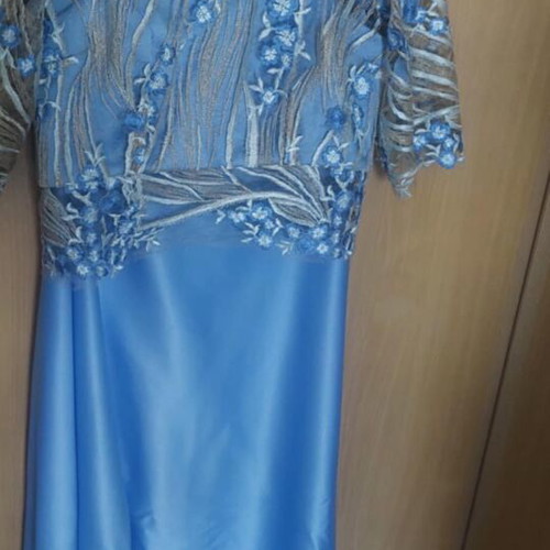 Two-piece dress blue satin and embroidered top new, size M