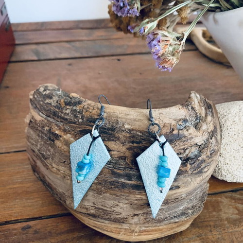 Handmade earrings with leather, new, black and turquoise