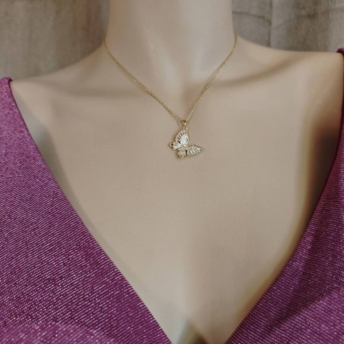 Butterfly necklace new stainless steel with strass, gold color