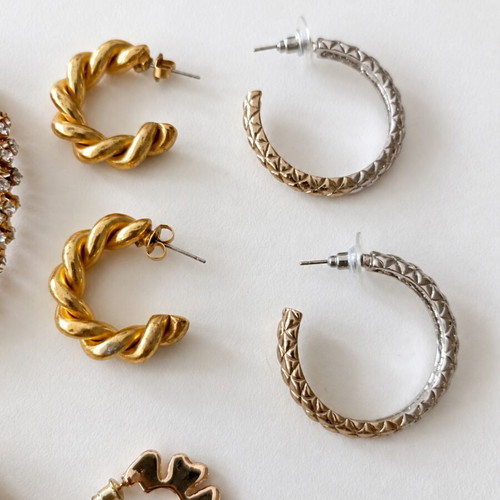 Mixed Earrings Lot used, 5 pairs in gold, silver and rose-gold tones