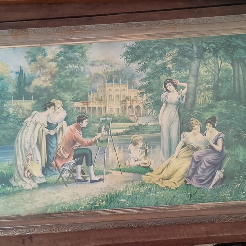 Vintage offset lithograph print of romantic scene, 85×41cm