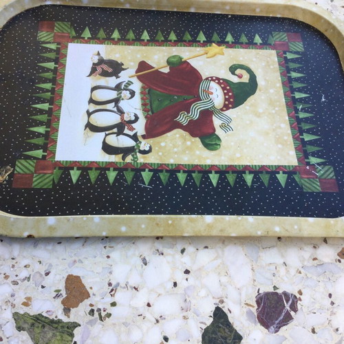Christmas wooden box and tin tray used
