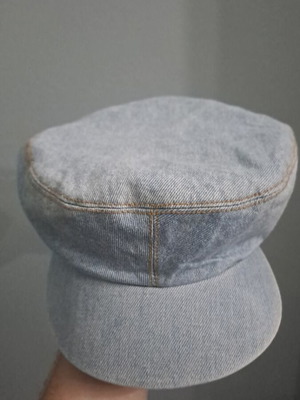 Denim hat used with mustard seams, size S/M, blue turquoise