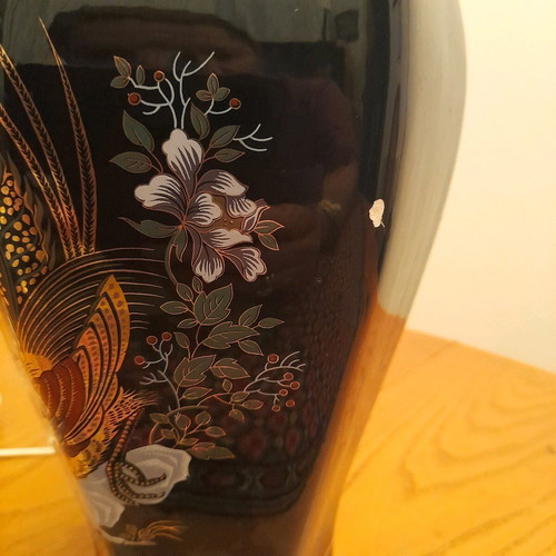 Table lamp base used, black with bird design, 35cm height