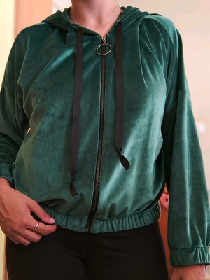 Hooded jacket like new, green, velour fabric, one size