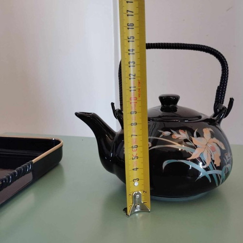 Vintage ceramic set on tray with teapot, creamer, sugar bowl and cups from Taiwan