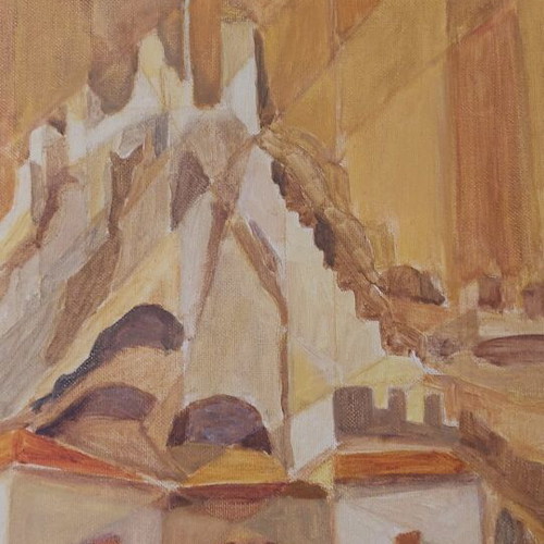 Painting by Y. G. Androulakis used, landscape with castle and settlement
