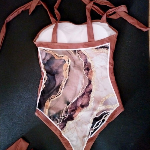 One-piece swimsuit new with pareo, size M, brown multicolor