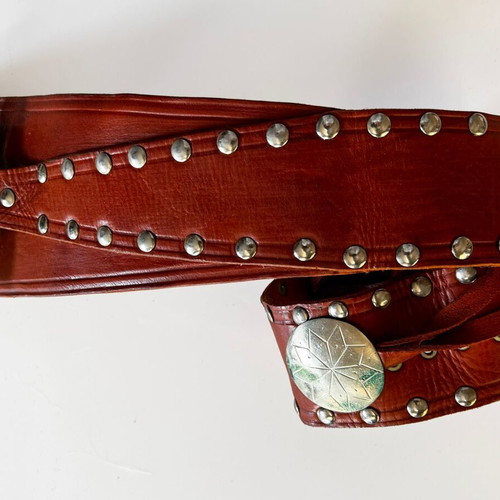 Leather belt red vintage used with metal buckle