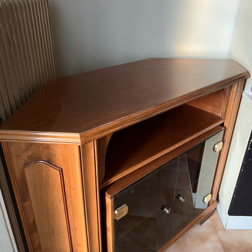 Vintage wooden corner TV cabinet used with hidden bar