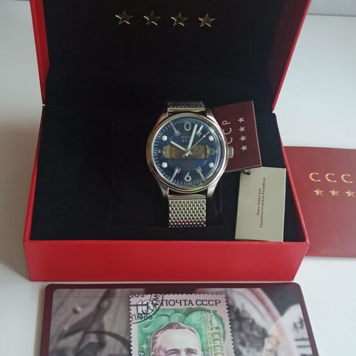 Slava men's automatic watch new, blue dial, stainless steel
