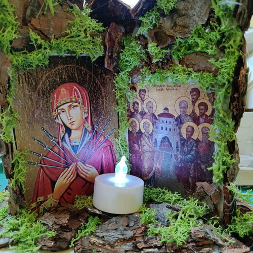 Small icon stand new with Panagia Eptaspathi and apostles