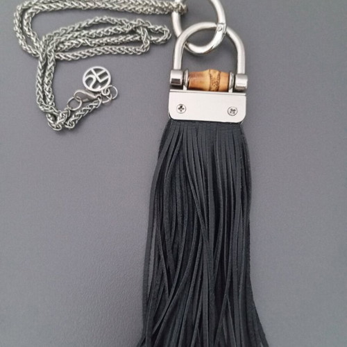 Leather necklace with silver chain new, black