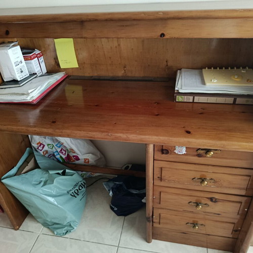 Wooden desk with drawers and light