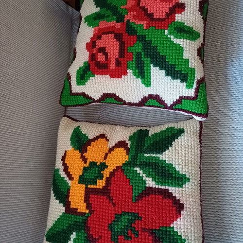Vintage Handmade Pillows Set of 3 with Embroidery and Crochet