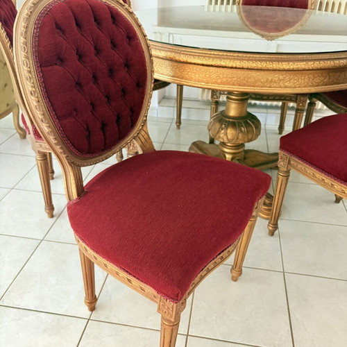 Vintage dining set round table with 6 velvet chairs Louis style like new