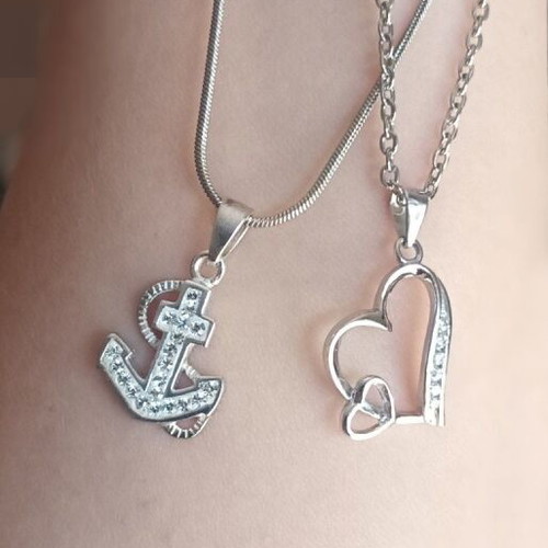 925 Silver Double Heart Pendant with Zircon Stones and Chain