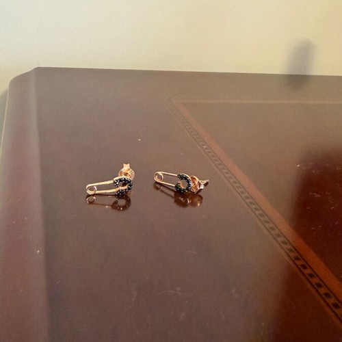 Silver safety pin earrings new with rose gold plating and black zircon