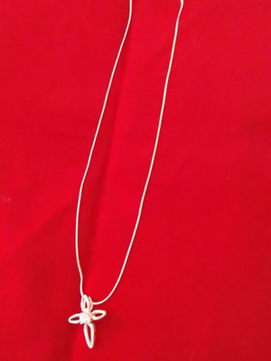 Silver cross necklace used with pale pink stone, 40cm