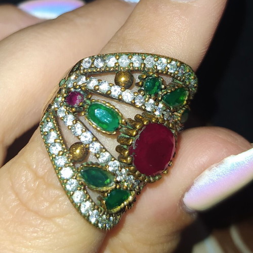 Ring decorated with rubies, emeralds and zirconia, size 7