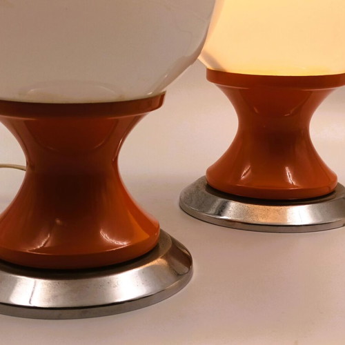 Vintage Space Age Table Lamps Pair 1970s Orange Metal Chrome