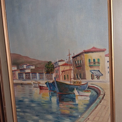 Yiannis Douridis Signed Oil Painting Seascape Greek Harbor
