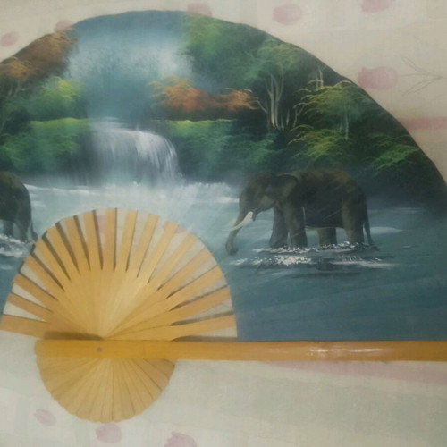 Giant fan used with African jungle design, wooden 100x50 cm