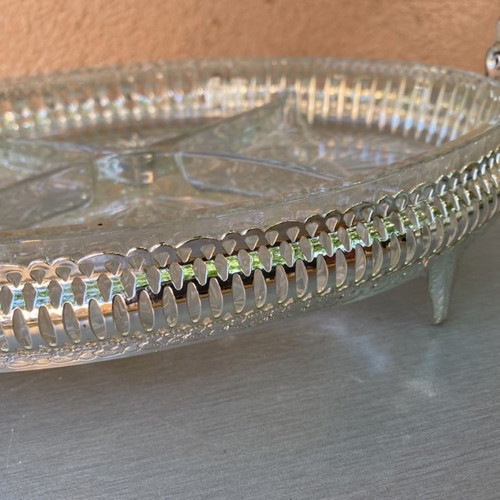 English serving tray for nuts and olives like new, crystal with silver frame