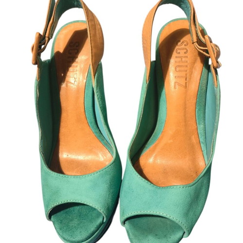 Schutz sandals used, size 37, turquoise with leather sole and gift blouse