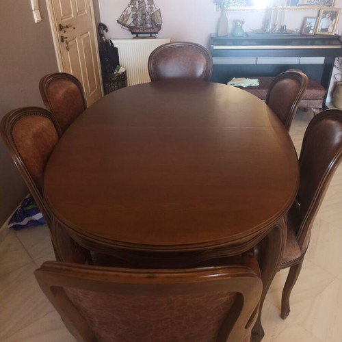Dining table set with 4 leather chairs and 2 armchairs, beech wood