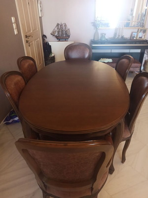 Dining table set with 4 leather chairs and 2 armchairs, beech wood