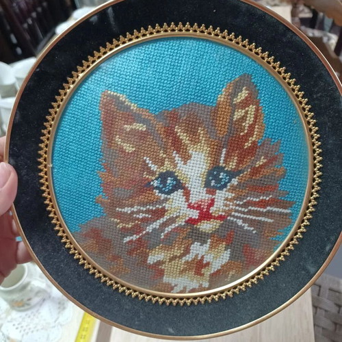 Vintage embroidery in frame used, diameter 23 cm